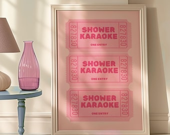 Physical Poster Shower Karaoke - Funny Pink Bathroom Ticket Wall Art in Pink Pastel - Unique Singing Décor for Home & Gifts