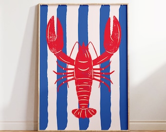 Maximalist Colourful Retro Lobster Sea Life Ocean Seafood Stripe Kitchen Wall in Blue Red|Wall Decor| DigitalPrints|Trendy Art Print