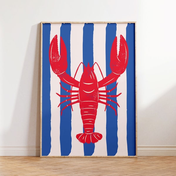 Maximalist Colourful Retro Lobster Sea Life Ocean Seafood Stripe Kitchen Wall in Blue Red|Wall Decor| DigitalPrints|Trendy Art Print