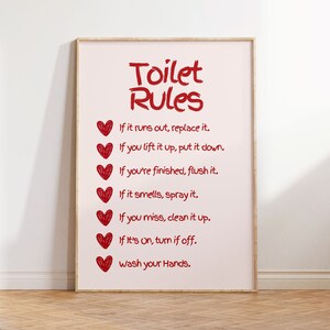 Impresión tipográfica minimalista con frase retro "Reglas del baño" en rojo. Decoración de pared, impresiones digitales, decoración del hogar, impresión de cuadros, arte mural.