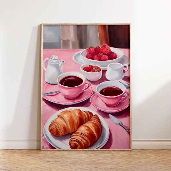 Retro Breakfast Croissants Kitchen Abstract Vintage Wall Art In Pink And Beige | Wall Decor| Digital Prints| Home Decor| Art Print