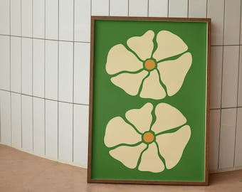 Maximalismo colorido Patrón de flores onduladas de mediados de siglo Cartel naranja beige verde / Decoración de pared / Impresiones digitales / Decoración del hogar / Impresión de arte de moda
