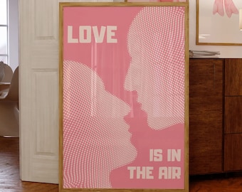 Art mural Bauhaus typographie géométrique s'embrassant sur la tête, l'amour est dans l'air rose blanc | Décoration murale| Impressions numériques| Décoration d'intérieur| Impression artistique tendance