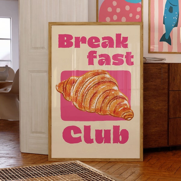 Colorful Retro Croissant Breakfast Club Food Bread Kitchen Poster in Pink  | Wall Decor| Digital Prints| Home Decor| Trendy Art Print