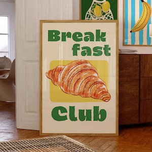 Colorful Retro Croissant Breakfast Club Food Bread Kitchen Poster in Green Yellow | Wall Decor| Digital Prints| Home Decor| Trendy Art Print