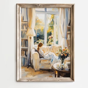May include: A painting depicting a woman relaxing on a sofa in a sunlit room. She is reading a book and there are flowers in a vase on a table beside her. The room features a large window with white curtains and a bookcase in the background.