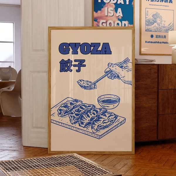 Y2K Japanese 'GYOZA' Kitchen Wall Art In Blue and Beige | Wall Decor| Digital Prints| Home Decor| Trendy Art Print