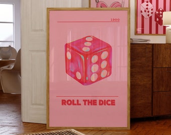 Y2K &#39;Roll The Dice&#39; Quoted Trendy Wall Art in Pink for Bedroom| Wall Decor| Digital Prints| Home Decor| Art Print