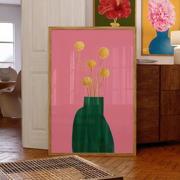 Y2K Maximalist Yellow Flower Craspedia Billy Balls in Green Vase Pink Modern Colorful Electic floral Art Print |Wall Decor| Digital Prints