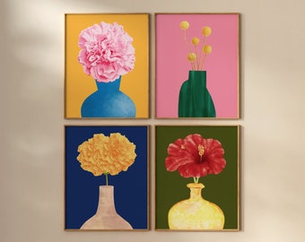 Conjunto de 4 impresiones artísticas maximalistas retro modernas, coloridas, con motivos florales y jarrones para sala de estar/Impresiones digitales/Descarga digital/Galería de pared