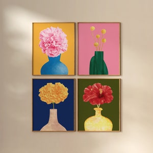 Set Of 4 Maximalist Retro Modern Colorful Electic Floral And Vase Art Print for Living Room| Digital Prints| Digital Download| Gallery Wall