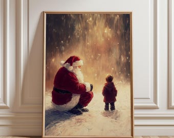 Physical Poster - Santa Claus Wall Art, Christmas Decor Poster, Vintage Oil Painting Style, Santa And Child Print, Magical Holiday Wall Art