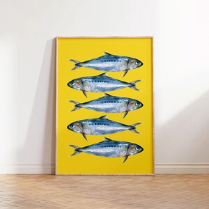 May include: Five blue and silver fish are arranged vertically on a yellow background. The fish are all facing the right side of the image.