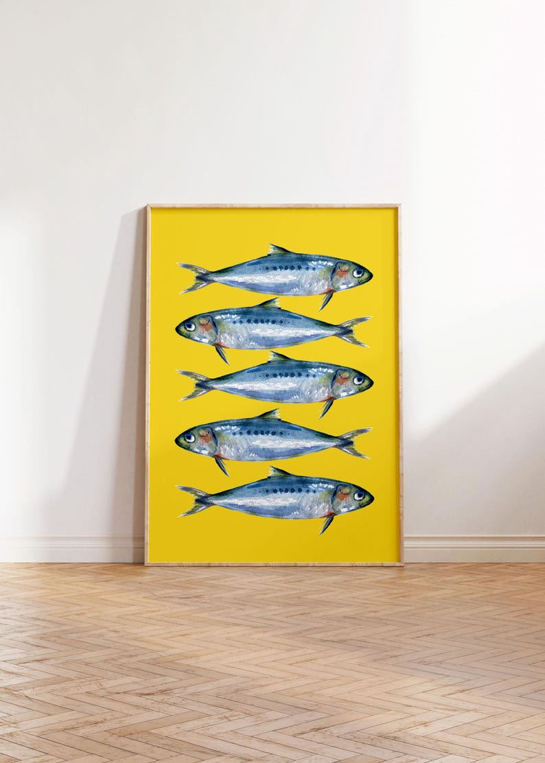 May include: Five blue and silver fish are arranged vertically on a yellow background. The fish are all facing the right side of the image.