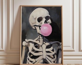 May include: A framed artwork featuring a skeleton with a bubblegum bubble. The skeleton is painted in shades of white and gray, with a large pink bubblegum bubble. The background is dark gray.