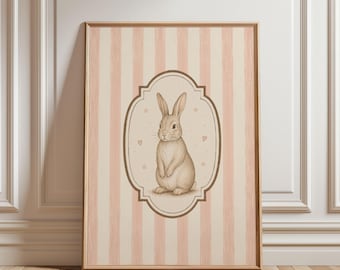 Physical Poster - Bunny Rabbit Nursery Poster, Blush Pink Stripe Vintage Illustration Girls Room Kids Wall Art Print Striped Kids Poster