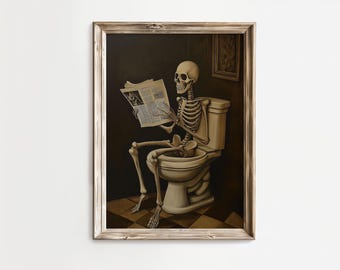 May include: Framed sepia-toned artwork depicting a skeleton seated on a toilet, engrossed in reading a newspaper. The artwork is set in a bathroom with a checkered floor and a framed picture on the wall. The frame is a light brown color.