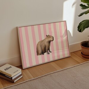 Physical Poster - Capybara Nursery Print | Cute Animal Art Poster  | Pink Stripe Line Pattern for Kids' Home Decor