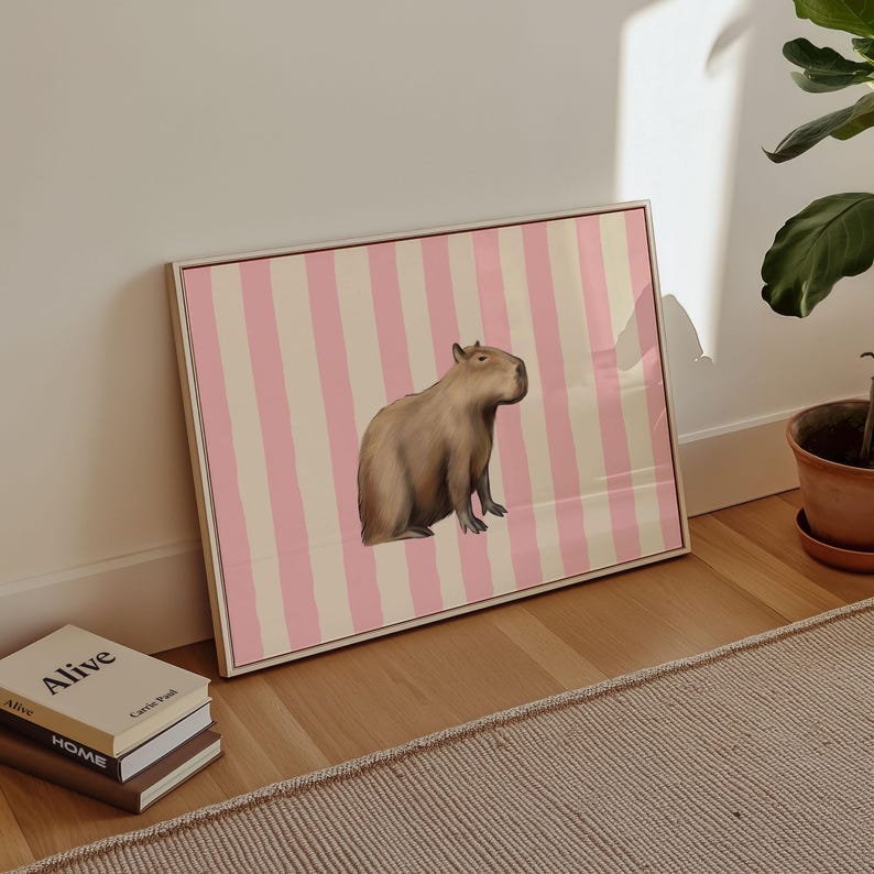 Physical Poster - Capybara Nursery Print | Cute Animal Art Poster  | Pink Stripe Line Pattern for Kids' Home Decor