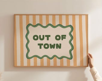 Physical Poster - Out Of Town Wall Art Poster, Peach Orange Stripe Forest Green Wavy Frame Retro Travel Quote Print