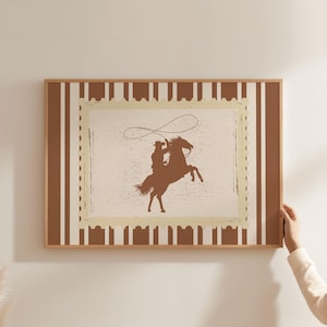Physical Poster - Vintage Rodeo Print Cowboy Brown Wall Art, Striped Horse Digital Download, Rustic Mid Century Modern Retro Western Art