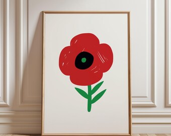 Impresión digital de arte de pared para guardería con lindas flores rojas y verdes, ilustración botánica de amapola dibujada a mano, decoración floral ondulada colorida para habitación infantil.