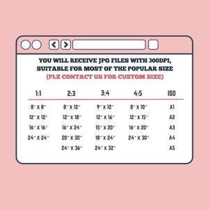 May include: A table showing different image sizes and their corresponding aspect ratios. The table includes sizes in inches for 1:1, 2:3, 3:4, and 4:5 aspect ratios, as well as ISO standard sizes. The text "YOU WILL RECEIVE JPG FILES WITH 300DPI, SUITABLE FOR MOST OF THE POPULAR SIZE (PLZ CONTACT US FOR CUSTOM SIZE)" is at the top of the table.
