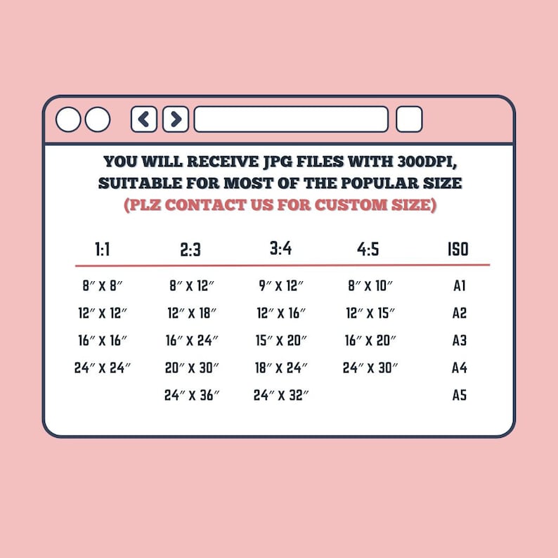 May include: A table showing different image sizes and their corresponding aspect ratios. The table includes sizes in inches for 1:1, 2:3, 3:4, and 4:5 aspect ratios, as well as ISO standard sizes. The text "YOU WILL RECEIVE JPG FILES WITH 300DPI, SUITABLE FOR MOST OF THE POPULAR SIZE (PLZ CONTACT US FOR CUSTOM SIZE)" is at the top of the table.