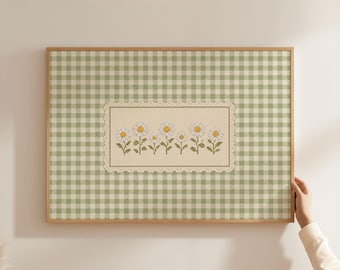 Physical Poster - Daisy Cross Stitch Wall Art Print, Sage Green Gingham White Floral Botanical Cottagecore Home Decor