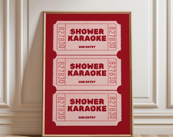 Physical Poster - Shower Karaoke Ticket Wall Art - Funny Red Bathroom Ticket Wall Art - Unique Singing Décor for Home & Gifts