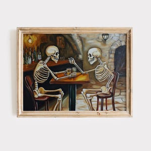 Skeletons Drinking Wine Beer Print | Classy Halloween Wall Art | Spooky Bar Pub Wall Decor | Skull Digital Download | Wine Printable Art