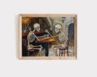 Skeletten die wijn drinken, bierprint | Stijlvolle Halloween-muurkunst | Spookachtige bar pub muurdecoratie | Digitale download schedel | Afdrukbare wijnkunst