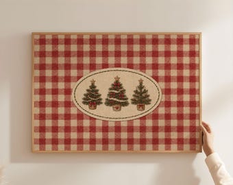 Physical Poster - Three Christmas Trees Farmhouse Sign Print, Rustic Wall Art, Red Gingham Checked Kids Room Holiday Poster