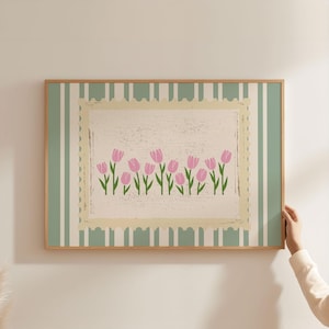 Green Pink Tulips Flower Print | Vintage Stripped pattern saga green Horizontal Landscape Art for Aesthetic Bedroom Wall Decor