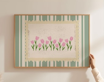 Green Pink Tulips Flower Print | Vintage Stripped pattern saga green Horizontal Landscape Art for Aesthetic Bedroom Wall Decor