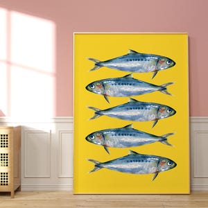 May include: A yellow background with five blue and silver fish arranged vertically. The fish are all facing the right side of the image.