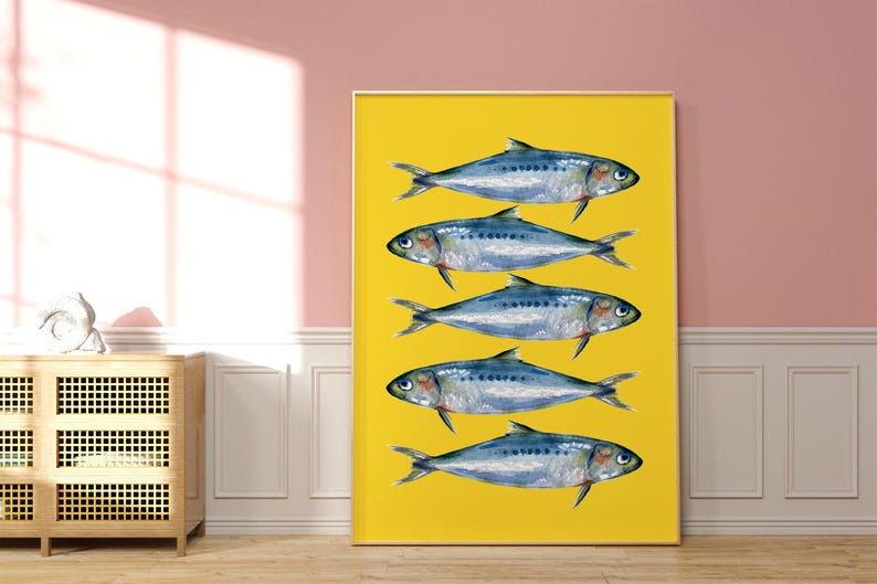 May include: A yellow background with five blue and silver fish arranged vertically. The fish are all facing the right side of the image.