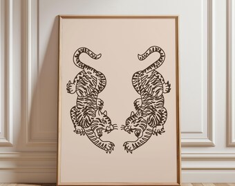 Brown Beige Tiger Minimalist Wall Art Print | Japanese Poster & Digital Download | Modern Tiger Art for Home Decor