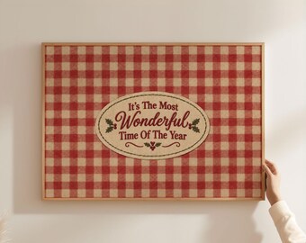Physical Poster - It's the Most Wonderful Time of the Year Sign, Farmhouse Christmas Wall Art, Red Gingham Holiday Poster