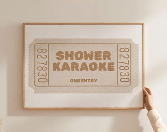Impresión de boleto de karaoke con ducha horizontal con paisaje / Arte de baño natural en beige arena divertido, impresiones digitales de moda, arte de pared retro