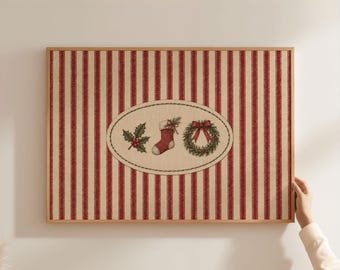 Physical Poster - Holly Stocking and Wreath Farmhouse Sign Print, Rustic Christmas Wall Art, Red Stripe Holiday Poster, Nursery Xmas Print