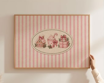 Physical Poster - Gingerbread House Cocoa and Gifts Wall Art Print, Cute Nursery Kids Room Cottagecore Christmas Poster, Pink Stripe Decor