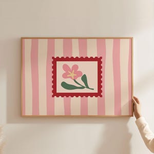 Physical Poster - Pink Red Flower Print |  Striped pattern Floral Stamp Horizontal Landscape Aesthetic Bedroom Wall Art