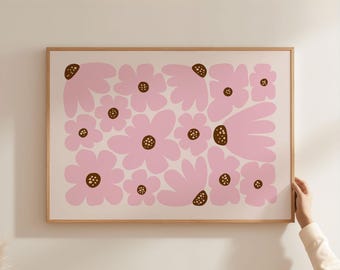 Póster físico - Arte mural de amapolas con flores abstractas coloridas / Decoración floral maximalista, impresión de paisaje retro botánico en tonos rosa y marrón