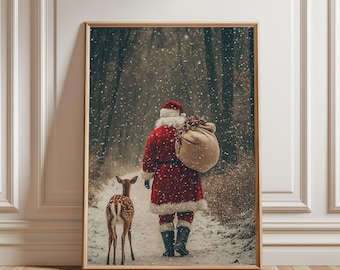 Physical Poster - Santa Claus Wall Art, Christmas Decor Poster, Woodland Fawn Print, Snowy Forest Photography Style, Rustic Holiday Wall Art