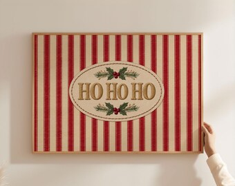 Physical Poster - Ho Ho Ho Christmas Sign, Farmhouse Santa Wall Art, Gold Embroidered Holiday Poster, Red Ticking Stripe Print