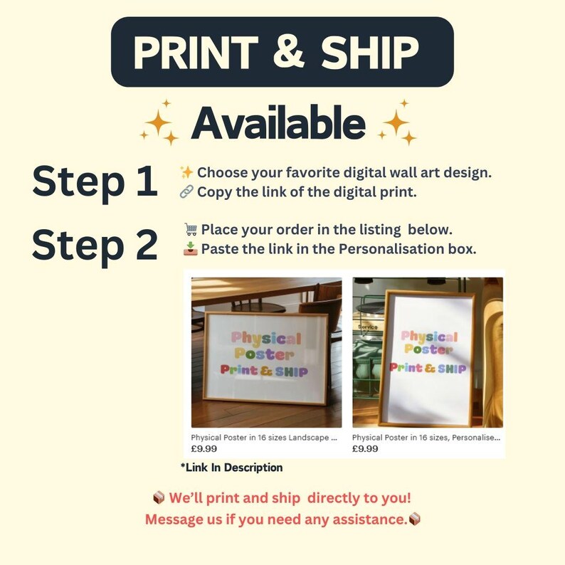 May include: A digital art print of the words "Physical Poster Print & Ship" in rainbow colors. The print is framed and displayed on a table. The text below the image reads "Physical Poster in 16 sizes Landscape... &pound;9.99 *Link In Description".