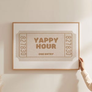 Sand Beige Natural Yappy Hour Ticket Print | Funny Kitchen Bar Cocktail Art, Happy Hour Trendy Digital Prints Landscape Horizontal