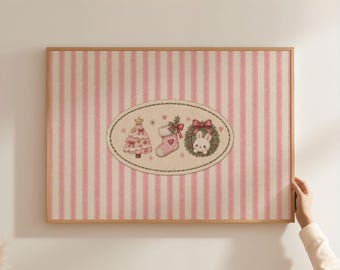 Physical Poster - Pink Christmas Tree Stocking and Bunny Wreath Wall Art Print, Pink Nursery Kids Room Cute Cottagecore Christmas Poster