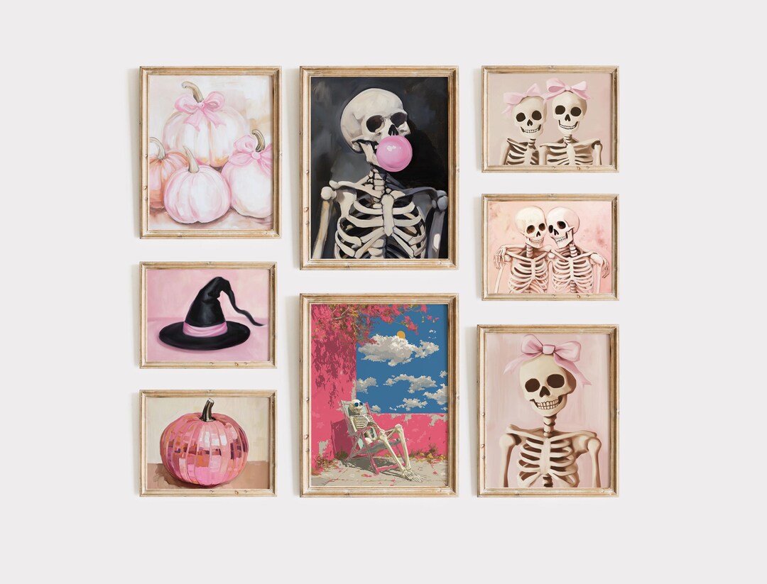 Set of 8 Vintage Girly Cute Pink Halloween Art Print Set - Pastel Pink ...
